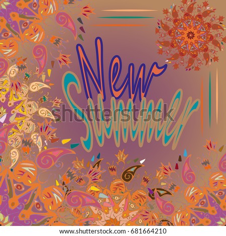 New summer - zentangle inspired art vintage card design with doodle in bright colors