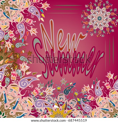 New summer - zentangle inspired art vintage card design with doodle in bright colors