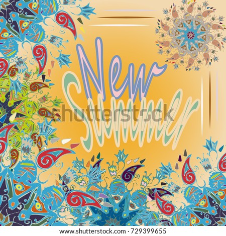 New summer - zentangle inspired art vintage card design with doodle in bright colors