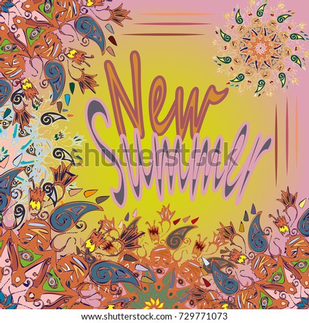 New summer - zentangle inspired art vintage card design with doodle in bright colors