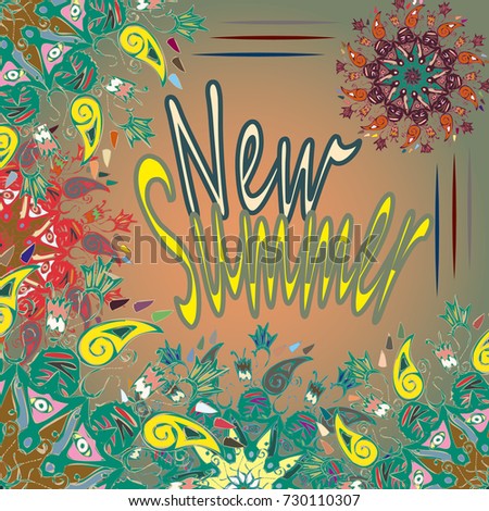 New summer - zentangle inspired art vintage card design with doodle in bright colors