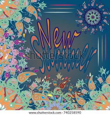 New summer - zentangle inspired art vintage card design with doodle in bright colors