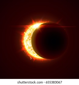 New sun eclipse vector illustration, 3d bright sunny summer day. Half of the sun realistic picture