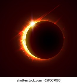 New sun eclipse vector illustration, 3d bright sunny summer day. Half of the sun realistic picture