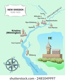 New Sweden map. Swedish colony on the banks of the Delaware River. Vector education illustration