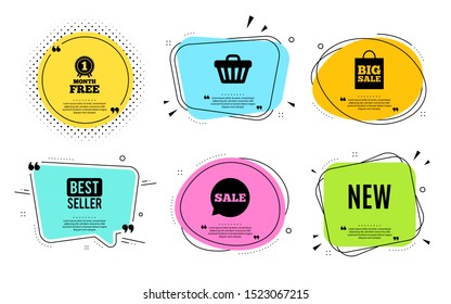 New symbol. Best seller, quote text. Special offer sign. New arrival. Quotation bubble. Banner badge, texting quote boxes. Arrivals text. Coupon offer. Vector