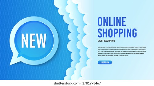 Neues Symbol. Wolken Banner-Vorlage. Sonderangebot-Schild. Neue Ankunft. Redeblase mit Sonderangebot. Online-Shopping-Banner-Konzept mit Wolken. Ankunftswerbung. Werbeflyer-Design. Vektorgrafik