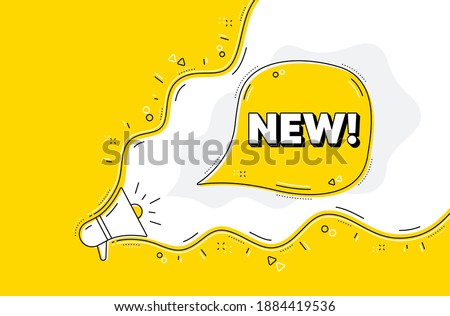 New symbol. Loudspeaker alert message. Special offer sign. New arrival. Yellow background with megaphone. Announce promotion offer. Arrivals bubble. Vector