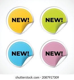 New symbol. Round sticker with offer message. Special offer sign. New arrival. Circle sticker mockup banner. Arrivals badge shape. Adhesive offer paper banner. Vector