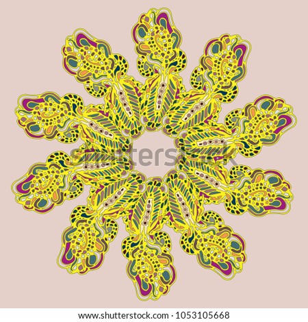New symmetrical mandala in style zentangle inspired art with doodle. Decorative object can be used for wallpaper, pattern fills, web pages, surface textures.