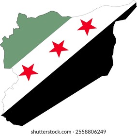 new Syrian flag in Syria map shape.
The new Syrian flag with green, white, and black horizontal stripes and three red stars in the center, symbolizing freedom and revolution.