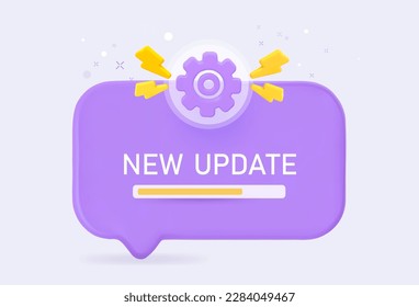 Un nuevo software de sistema o actualización de teléfonos móviles. Burbuja de voz con icono de engranaje. Ilustración vectorial 3d.
