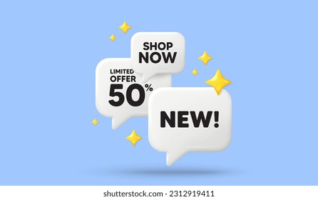 New tag. 3d offer chat speech bubbles. Special offer sign. New arrival symbol. Arrivals speech bubble 3d message. Talk box stars banner. Vector