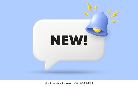 Nueva etiqueta. Banner de burbuja de voz 3d con campana. Signo de oferta especial. Nuevo símbolo de llegada. Llega un mensaje de charla. 3d ofrecer un diálogo. Vector