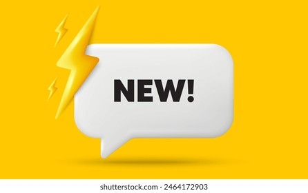 Nueva etiqueta. Anuncio de burbujas de habla 3d con energía de potencia. Signo de oferta especial. Nuevo símbolo de llegada. Mensaje de voz de chat de llegadas. cuadro de diálogo de oferta 3d. Vector