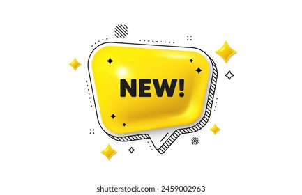 New tag. Chat speech bubble 3d icon. Special offer sign. New arrival symbol. Arrivals chat message. Speech bubble banner with stripes. Yellow text balloon. Vector