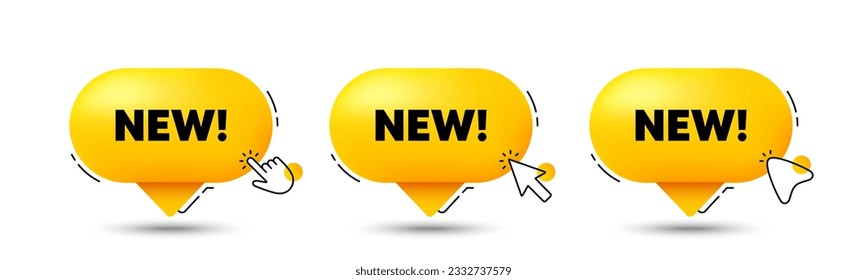New tag. Click here buttons. Special offer sign. New arrival symbol. Arrivals speech bubble chat message. Talk box infographics. Vector