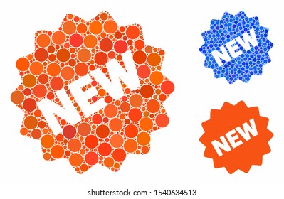 New tag composition of round dots in variable sizes and shades, based on new tag icon. Vector round dots are composed into blue composition. Dotted new tag icon in usual and blue versions.