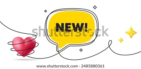 New tag. Continuous line art banner. Special offer sign. New arrival symbol. Arrivals speech bubble background. Wrapped 3d heart icon. Vector