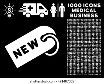 New Tag icon with 1000 medical business white vector pictograms. Clipart style is flat symbols, black background.