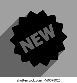 New Tag long shadow vector icon. Style is a flat new tag black iconic symbol on a gray square background with longshadow.