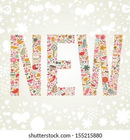 New tag made of flowers in vector. Floral text made of flowers, hearts and birds in bright colors