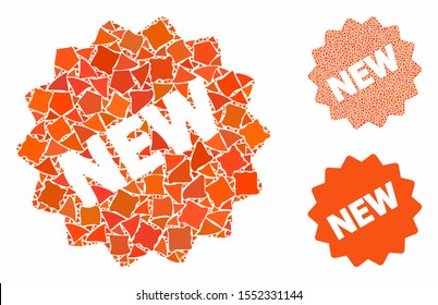 New tag mosaic of trembly items in variable sizes and color tints, based on new tag icon. Vector rugged parts are grouped into mosaic. New tag icons collage with dotted pattern.