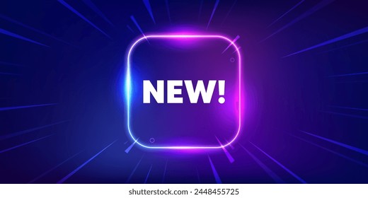 New tag. Neon light frame box banner. Special offer sign. New arrival symbol. Arrivals neon light frame message. Vector