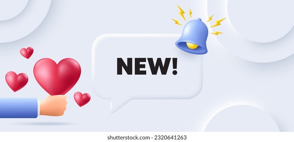 Nueva etiqueta. Fondo neutral con burbuja de habla. Signo de oferta especial. Nuevo símbolo de llegada. Llega un mensaje de voz. Cartel con corazones 3d. Vector