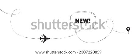 New tag. Plane travel path line banner. Special offer sign. New arrival symbol. Arrivals speech bubble message. Plane location route. Dashed line. Vector