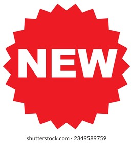 Nueva etiqueta de promoción de marca, color rojo y estilo plano para nuevos productos de tienda. Insignia de diseño gráfico de ilustración vectorial con forma de estrella, pegatina para web, UI, aplicación, móvil. Aislado sobre fondo blanco.