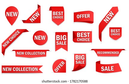 New tag ribbon and banner price tag, new offer vector bundle set. Best choice 3d ribbon banners