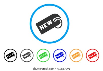 New Tag rounded icon. Style is a flat new tag gray symbol inside light blue circle with black, gray, green, blue, red, orange versions. Vector designed for web and software interfaces.