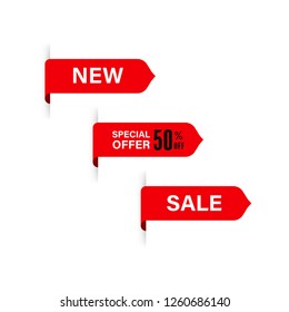 new tag and special sale label. red banner and badges design.