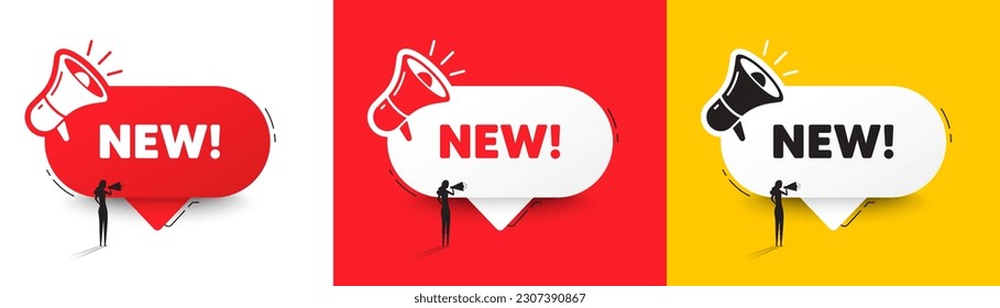 Nueva etiqueta. Burbuja del habla con megáfono y silueta de mujer. Signo de oferta especial. Nuevo símbolo de llegada. Llega un mensaje de charla. Mujer con megáfono. Vector