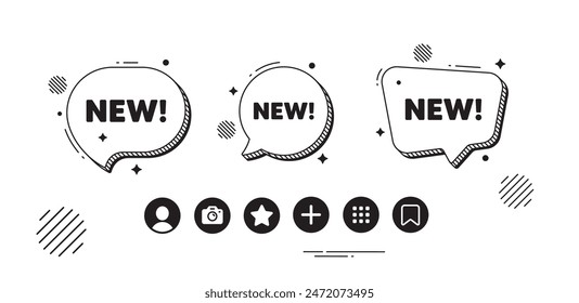 New tag. Speech bubble offer icons. Special offer sign. New arrival symbol. Arrivals chat text box. Social media icons. Speech bubble text balloon. Vector