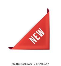 New tag triangle red corner label ribbon shopping promo emblem design template realistic vector illustration. Sticker for commercial shop store advertising special offer badge for product announce