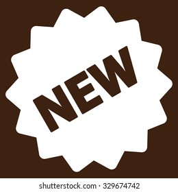 New Tag vector icon. Style is flat symbol, white color, rounded angles, brown background.