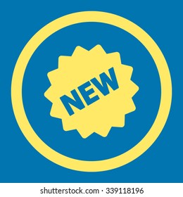 New Tag vector icon. Style is flat rounded symbol, yellow color, rounded angles, blue background.