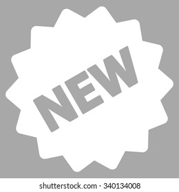 New Tag vector icon. Style is flat symbol, white color, rounded angles, silver background.