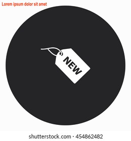 NEW tag web icon. Gray circle button with white illustration.