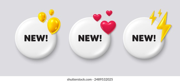 Nueva etiqueta. Botones blancos con iconos 3d. Signo de oferta especial. Nuevo símbolo de llegada. Mensaje de Botón de llegadas. Insignia de Anuncio con globos, energía, corazón. Iconos de medios sociales. Vector