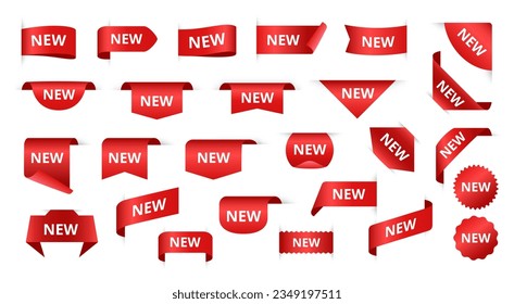 New tags. Red ribbon new product labels, new arrival badges and corners for marketing and promotion isolated vector set of tags new product, label and promotion