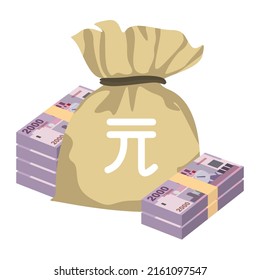 New Taiwan Dollar Vector Illustration. Taiwanese money set bundle banknotes. Money bag 2000 TWD. Flat style. Isolated on white background. Simple minimal design.