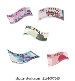 New Taiwan Dollar Vector Illustration. Taiwanese money set bundle banknotes. Falling, flying money 100, 200, 500, 1000, 2000 TWD. Flat style. Isolated on white background. Simple minimal design