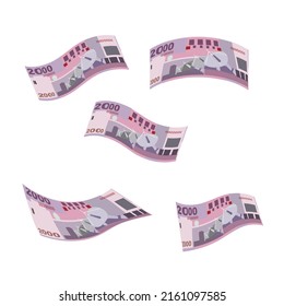 New Taiwan Dollar Vector Illustration. Taiwanese money set bundle banknotes. Falling, flying money 2000 TWD. Flat style. Isolated on white background. Simple minimal design