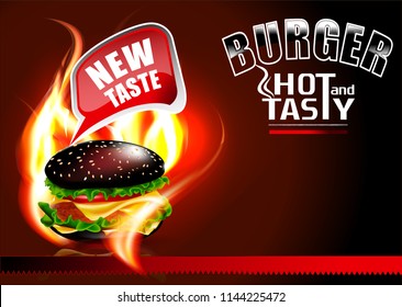 A new taste of a burger on a barbecue grill.Vector hamburger. A realistic image of a burger with cheese, tomato, lettuce, meat and sesame seeds.Logo, emblem, sticker for companies selling fast food.