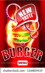 A new taste of a burger on a barbecue grill.Vector hamburger. A realistic image of a burger with cheese, tomato, lettuce, meat and sesame seeds.Logo, emblem, sticker for companies selling fast food.