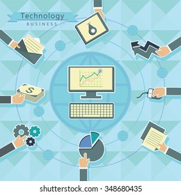 New teachnology and Social media network concept with human hand with tablet smartphone keyboard avatars and globe on blue theme background with icons vector illustration