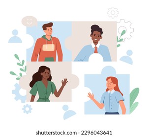 New team member concept. Men and women in jigsaw puzzle silhouette. Collaboration and cooperation, partners and colleagues talking. Video conference and call. Cartoon flat vector illustration